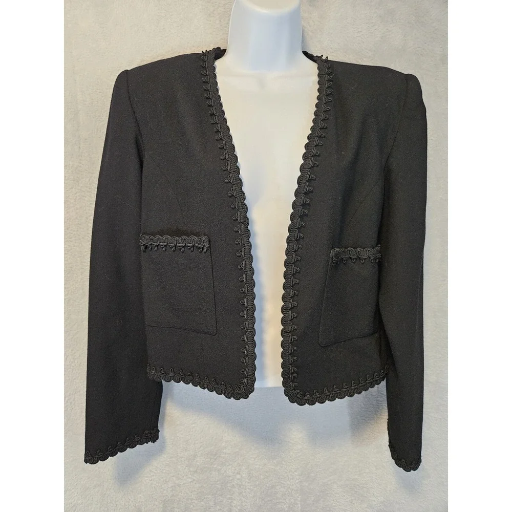 Vintage Liancarlo Black 100%‎ Wool Short Cropped Jacket Size 8 Open Front Neiman